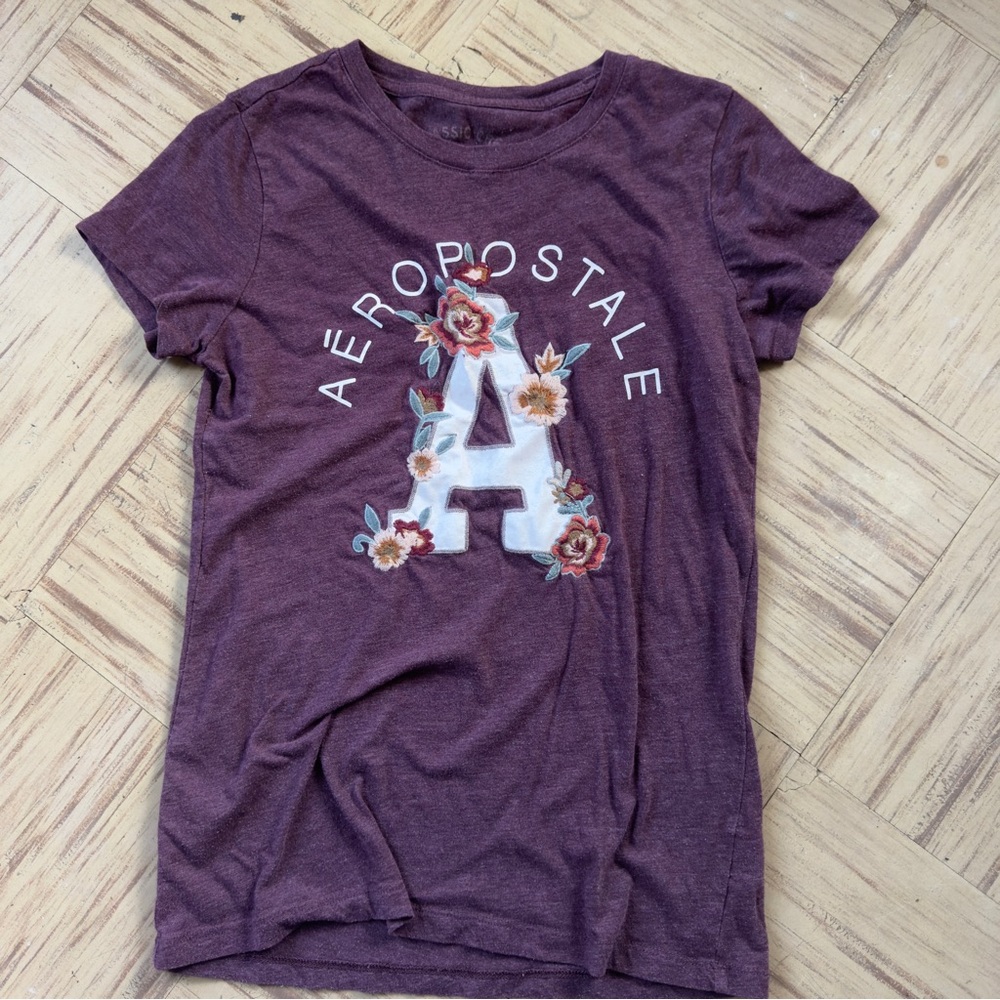 Hollister Plum Graphic Tee with Floral Appliqué